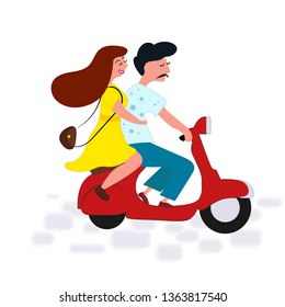 Flat style illustration of a boy and a girl on the moped. Black-haired man with a mustache. Pretty woman in a yellow summer dress. Ride on a moped. Urban transport. Summer walk. Romantic date