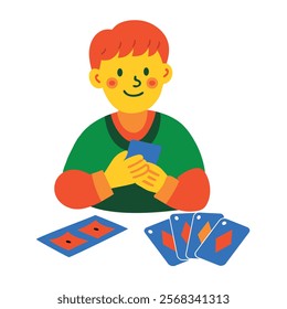 A flat style illustration of boy playing card game