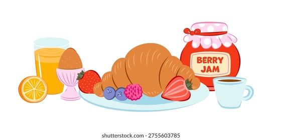 Flat style illustration of a breakfast scene featuring a croissant, berries, berry jam, boiled egg, orange juice, and coffee.