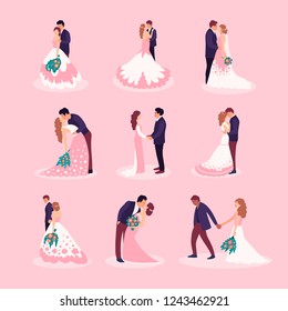 Flat style illustration with bride and groom. Vector set