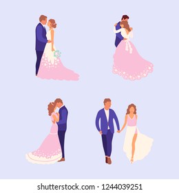Flat style illustration with bride and groom. Vector set