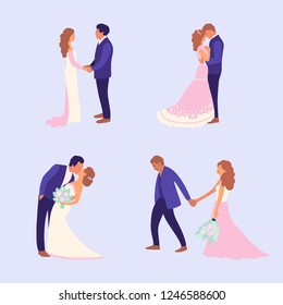Flat style illustration with bride and groom. Vector set