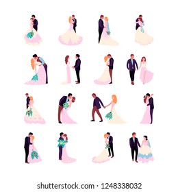 Flat style illustration with bride and groom. Vector set