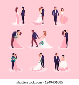 Flat style illustration with bride and groom. Vector set