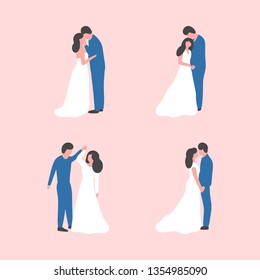 Flat style illustration with bride and groom. Vector set