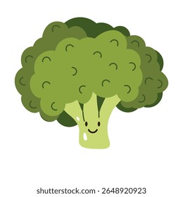 Flat style illustration of broccoli with happy face, ideal for healthy eating, cooking projects, and vegetable-inspired designs