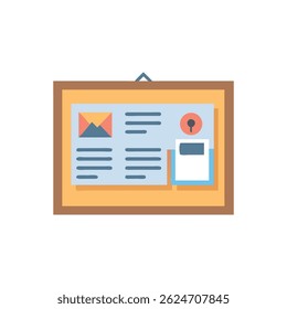 A flat style illustration of a bulletin board with documents, notes, and illustrations. Modern, clean vector design.