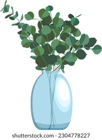 Flat style illustration of bunch of eucalyptus branches in glass vase isolated on white background