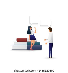 Flat style illustration, businessman and woman chatting. discuss chat, dialogue speech bubbles and place for text. Vector illustration. 
