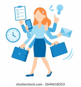 Flat Style Illustration of a Busy Multitasking Businesswoman with Many Tasks