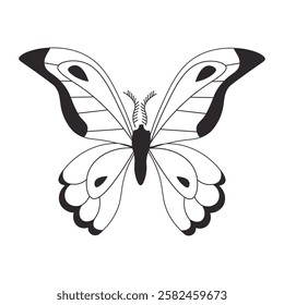 Flat style illustration of a butterfly with elegant wing patterns in black and white, ideal for nature-themed designs, prints, and entomology-inspired artwork.