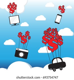 Flat style illustration buying online concept. Vector car, mobile, camera and television in flat style tied with dollars.