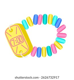 Flat style illustration of a candy watch bracelet made of pastel-colored sweets. Popular edible toy accessory from the 90s, nostalgic and fun for children-themed designs.