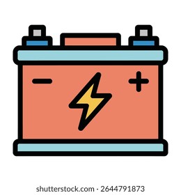 A flat style illustration of a car battery icon featuring coral body blue top and yellow lightning bolt symbol