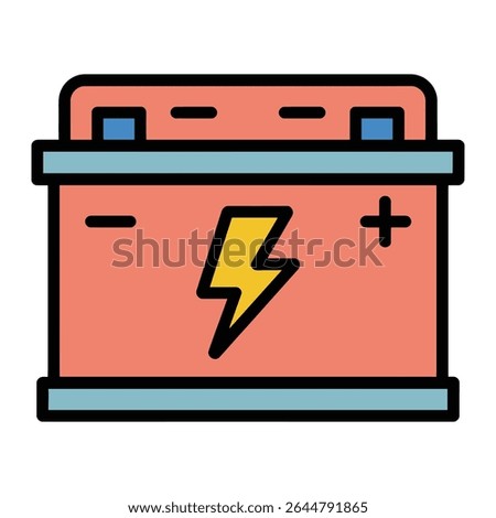 Flat style illustration of a car battery icon featuring coral, blue, yellow and black colors. Simple design with bold outlines.