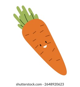 Flat style illustration of a carrot with happy face, ideal for healthy eating, cooking projects, and vegetable-inspired designs