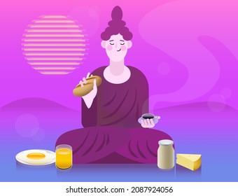 Flat style illustration of cartoon Buddha sitting in lotus pose and having breakfast on the 1980 retro cyberpunk purple and blue background, cup of coffee, bread, eggs and cheese. Videogame meditation