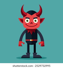 Flat style illustration of a cartoon devil with horns and a menacing expression. Ideal for Halloween-themed designs, spooky decorations, or horror-based artwork