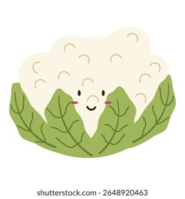 Flat style illustration of cauliflower with happy face, ideal for healthy eating, cooking projects, and vegetable-inspired designs