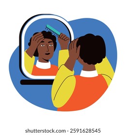 A flat style illustration of a character combing hair in front of mirror