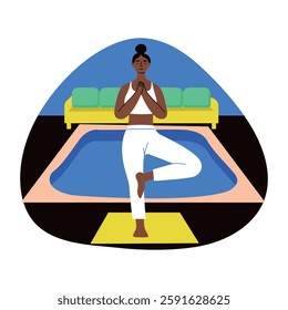 A flat style illustration of a character doing yoga practice