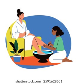 A flat style illustration of a character doing a pedicure