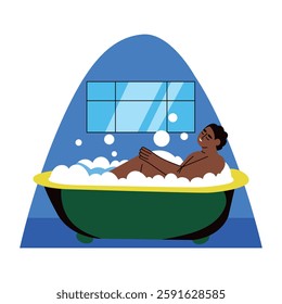 A flat style illustration of a character taking bubble bath