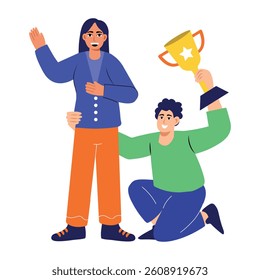 A flat style illustration of characters celebrating success