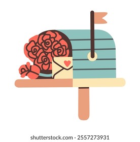 Flat style illustration of a charming blue mailbox filled with red roses and a love letter, perfect for Valentine's Day designs, romantic messages, or sweet themed projects.