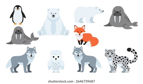 flat style illustration of a charming collection of snow animals, including a penguin, polar bear, seal, rabbit, musk ox, snow leopard, and caribou, in various adorable poses
