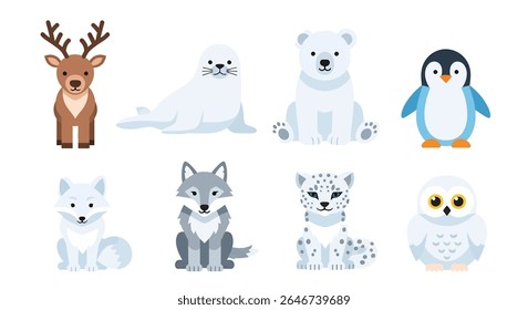 flat style illustration of a charming collection of snow animals, including a penguin, polar bear, seal, rabbit, musk ox, snow leopard, and caribou, in various adorable poses