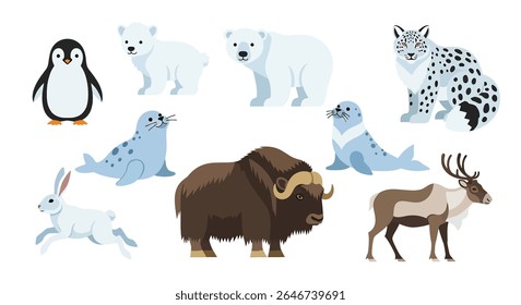 flat style illustration of a charming collection of snow animals, including a penguin, polar bear, seal, rabbit, musk ox, snow leopard, and caribou, in various adorable poses
