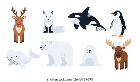 flat style illustration of a charming collection of snow animals, including a penguin, polar bear, seal, rabbit, musk ox, snow leopard, and caribou, in various adorable poses