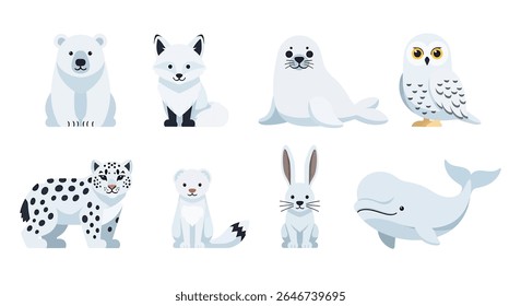 flat style illustration of a charming collection of snow animals, including a penguin, polar bear, seal, rabbit, musk ox, snow leopard, and caribou, in various adorable poses