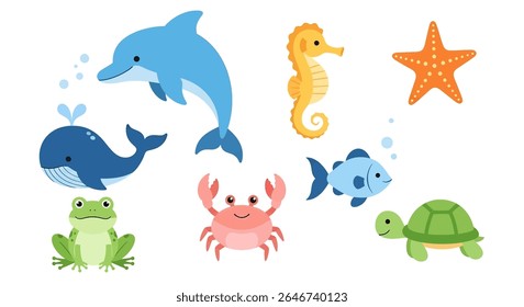 flat style illustration of a charming collection of sea animals, including an otter, octopus, dolphin, crab, turtle, shark, starfish, and jellyfish, in various adorable poses