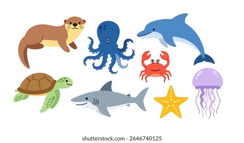 flat style illustration of a charming collection of sea animals, including an otter, octopus, dolphin, crab, turtle, shark, starfish, and jellyfish, in various adorable poses