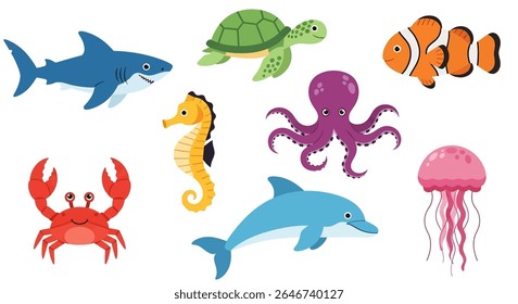 flat style illustration of a charming collection of sea animals, including an otter, octopus, dolphin, crab, turtle, shark, starfish, and jellyfish, in various adorable poses