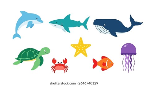 flat style illustration of a charming collection of sea animals, including an otter, octopus, dolphin, crab, turtle, shark, starfish, and jellyfish, in various adorable poses