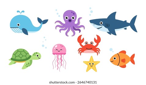 flat style illustration of a charming collection of sea animals, including an otter, octopus, dolphin, crab, turtle, shark, starfish, and jellyfish, in various adorable poses