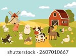 Flat style illustration of a cheerful farm scene with animals, barn, windmill, and landscape, perfect for childrens designs, educational projects, and nature-themed content