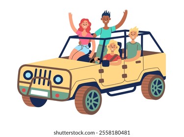 Flat style illustration of cheerful friends on an off-road adventure in a yellow jeep, symbolizing freedom, travel, and fun outdoor exploration.