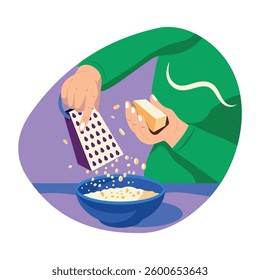 A flat style illustration of cheese grating with hands