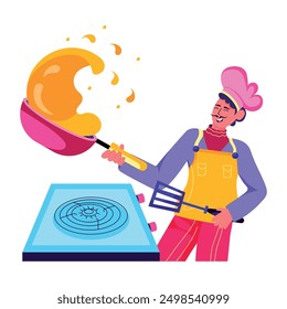 Una ilustración de estilo plano de chef haciendo truco de flipping pan 