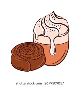 Ilustración de estilo plano de un bollo de canela con una taza de café con leche y crema batida.