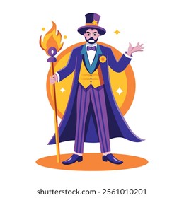 A flat style illustration of a circus magician 
