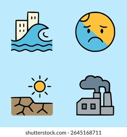 Flat style illustration of climate change effects including drought, sea level rise, pollution, and global sadness