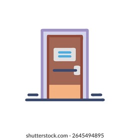 A flat style illustration of a closed door with a nameplate. The style is simple and clean on a White Background.
