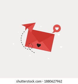 Flat style illustration with closed envelope with hearts and paper airplane. Happy Valentine's day lettering. 14 February. Red. Eps 10
