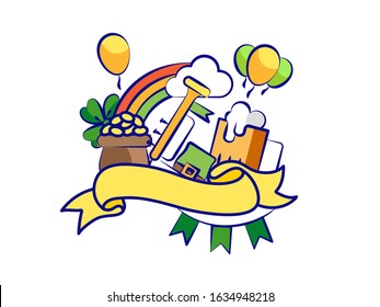 Flat Style Illustration of Coins Pot with Rainbow, Leprechaun Hat, Trumpet, Beer Mug, Shamrock Leaf, Balloon and Empty Ribbon Given For Text on White Background.