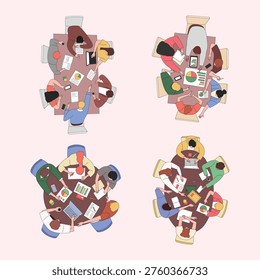 A flat style illustration collection showing four bird's eye views of diverse professionals gathered around rectangular, round, and oval meeting tables with pie charts, bar charts, laptops, tablets, sticky notes, and documents.
